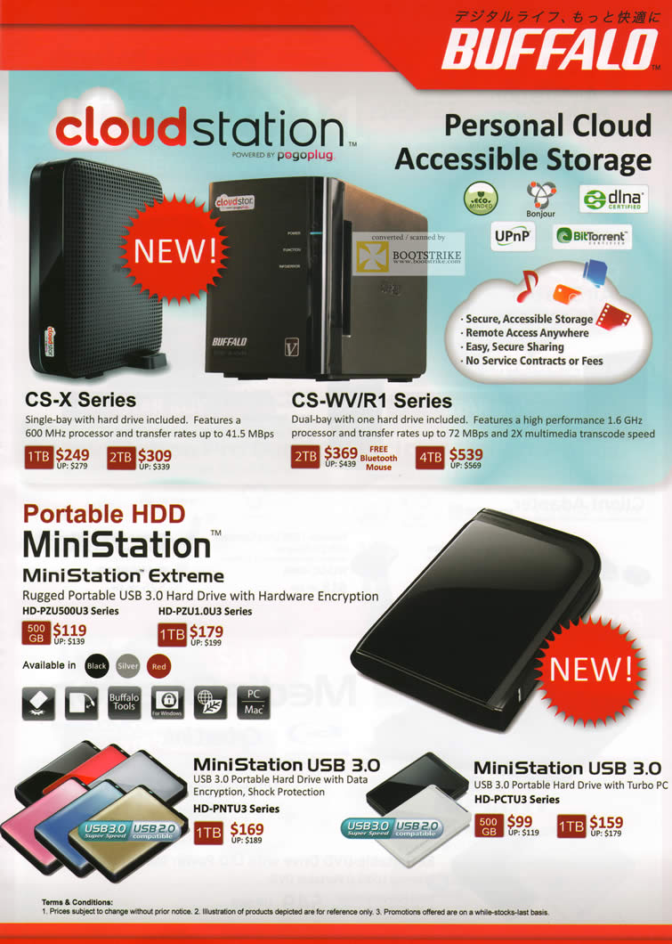 SITEX 2011 price list image brochure of Buffalo NAS Cloudstation Pogoplug, MiniStation Extreme, USB3, External Storage