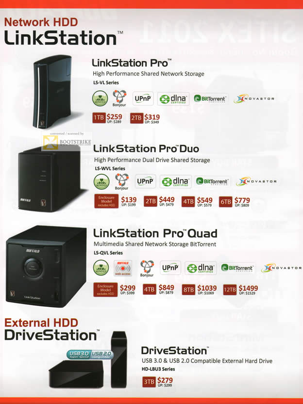 SITEX 2011 price list image brochure of Buffalo NAS LinkStation Pro, LinkStation Pro Duo, LinkStation Pro Quad, DriveStation External Storage