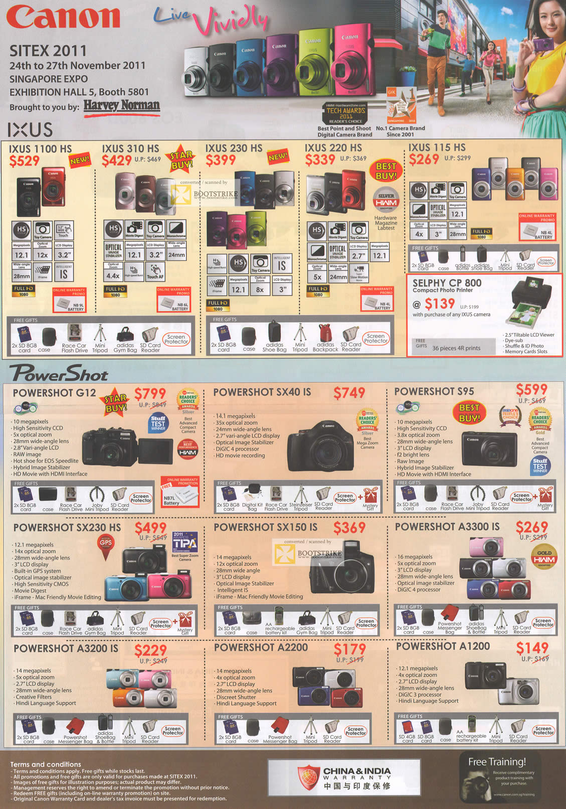 SITEX 2011 price list image brochure of Canon Digital Cameras IXUS 1100 HS, 310 HS, 230 HS, 220 HS, 115 HS, Selphy CP 800, PowerShot G12, SX40 IS, S95, SX230 HS, SX150 IS, A3300 IS, A3200 IS, A2200, A1200