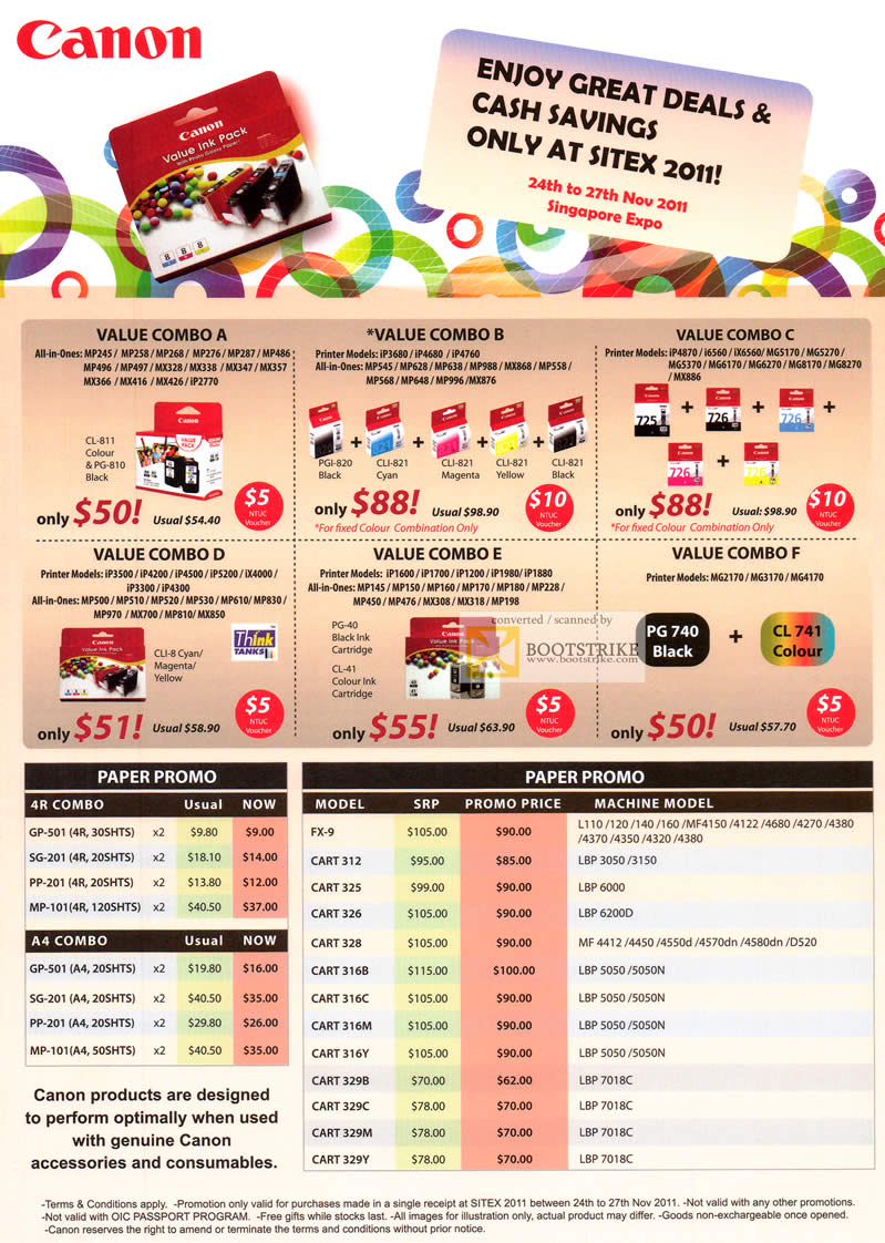 SITEX 2011 price list image brochure of Canon Ink Cartridge Value Combo, Paper 4R, A4, Toner, Cart.jpg