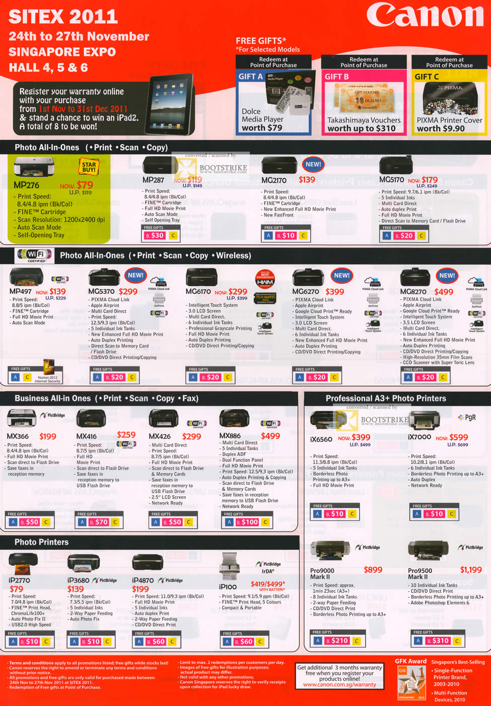 SITEX 2011 price list image brochure of Canon Inkjet Printers MP276, MP287, MG2170, MG5170, MP497, MG5370, MG170, MG6270, MG8270, MX366, MX416, IX7000, IP2770, IP3680, IP4870, IP100, Pro9000 Mark II, Pro9500