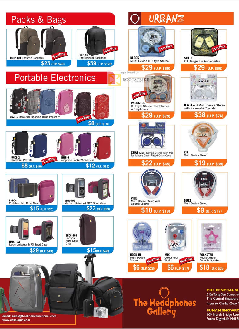 SITEX 2011 price list image brochure of Case Logic Headphones Gallery Bags Packs Urbanz, Wildstud, Solid Headphones, Vibe, Buzz, Zip, Case, Backpack