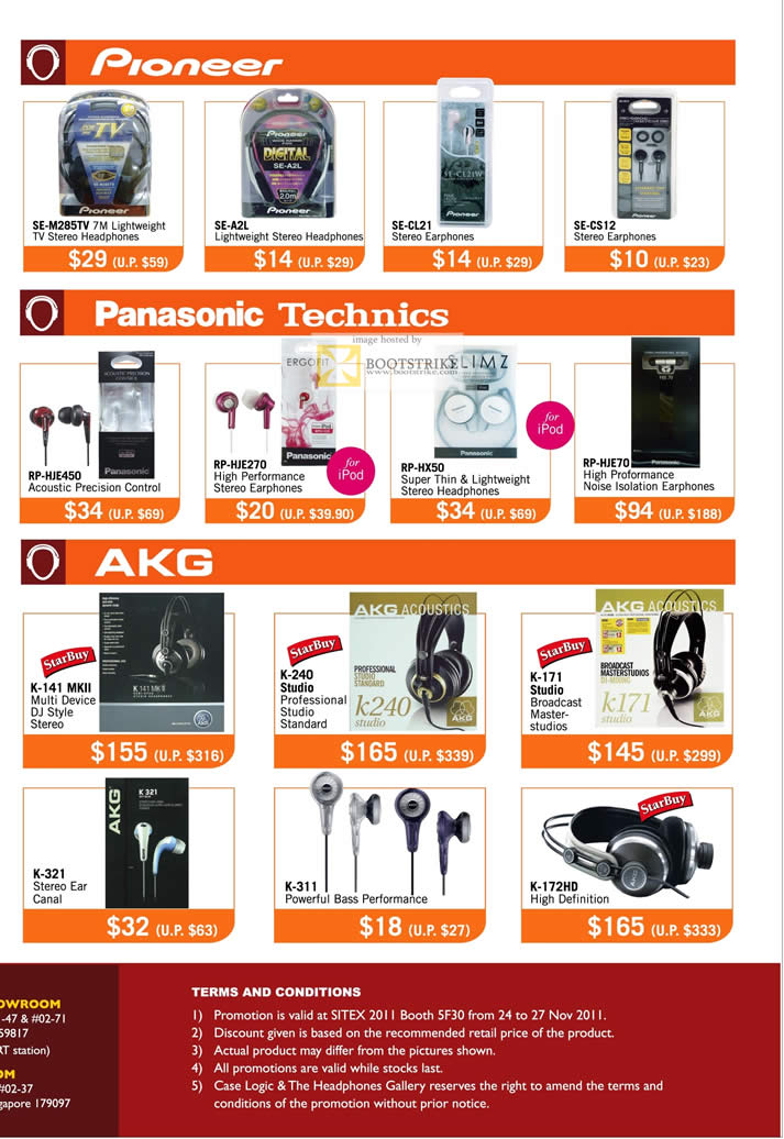 SITEX 2011 price list image brochure of Case Logic Headphones Gallery Pioneer SE-M285TV, SE-A2L, SE-CL21, SE-CS12, Panasonic Technics RP-HJE450, HJE270, HX50, HJE70, AKJ K-141 MKII, 240, 171, 321, 311 Earphones, K-172HD