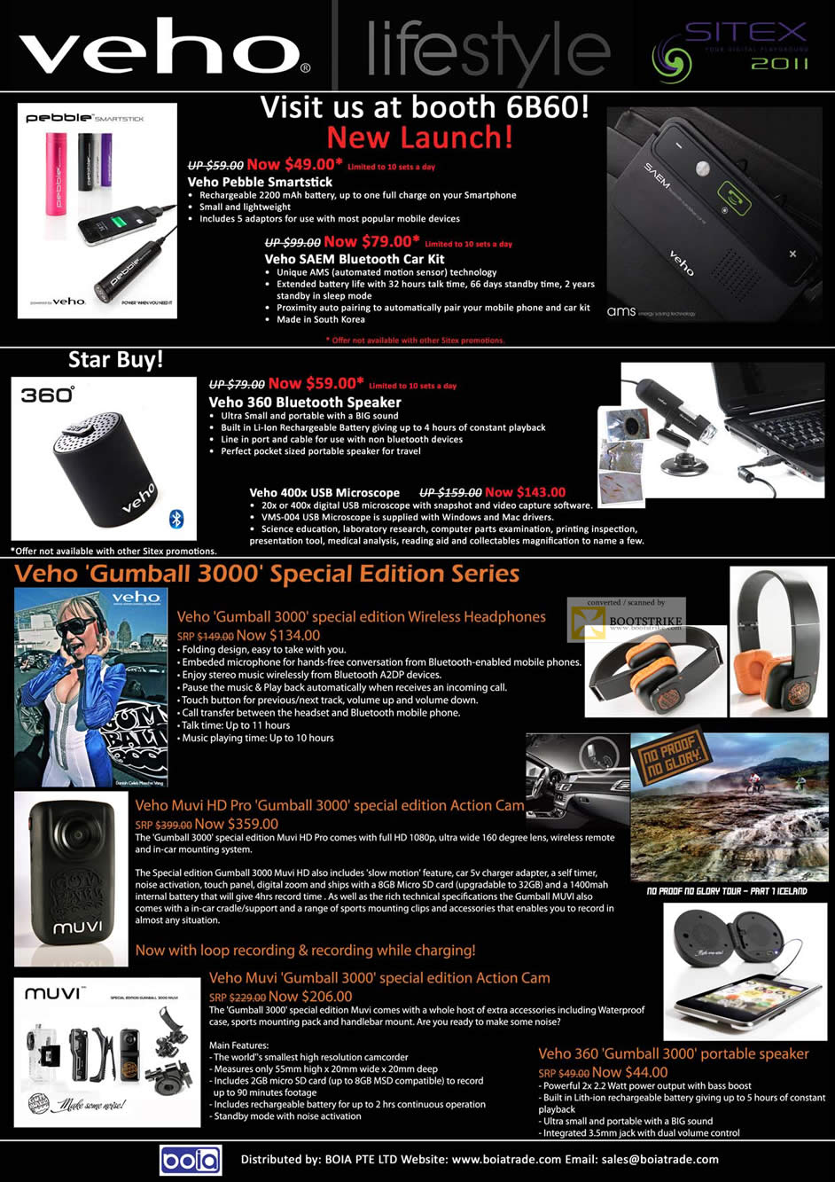 SITEX 2011 price list image brochure of Cresyn Veho Pebble Smartstick Battery, Saem Bluetooth, 360 Bluetooth Speaker, USB Microscope, Gumball 3000 Headphones, Muvi HD Pro, Muvi Gumball 3000 Camcorder, 360 Portable Speaker