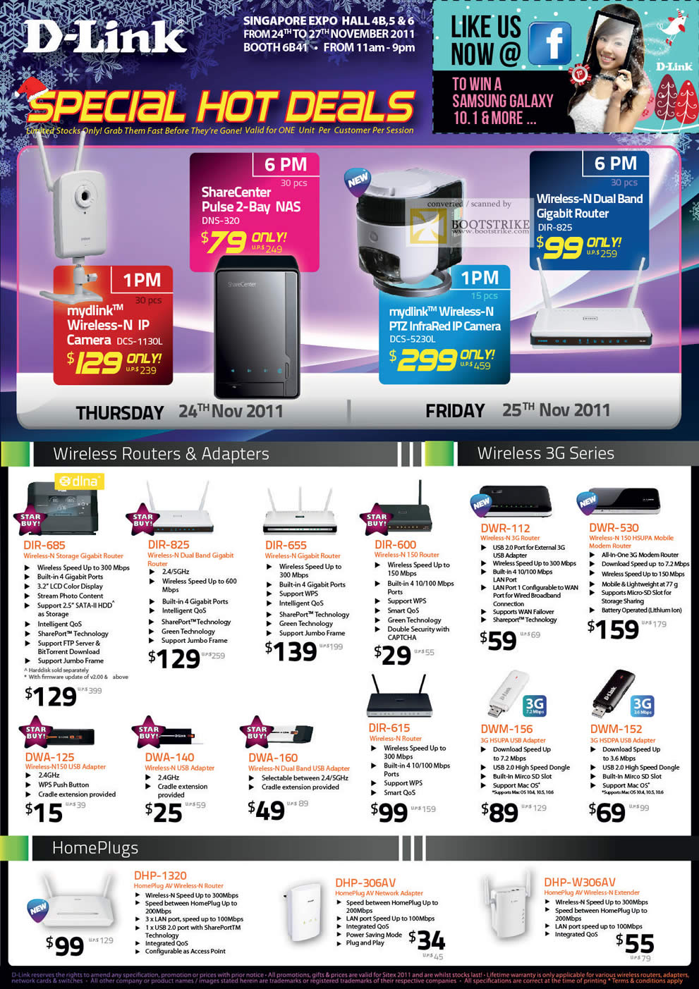 SITEX 2011 price list image brochure of D-Link Networking Wireless Routers, Adapters, 3G DIR 685, 825, 655, 600, DWR-112, 530, DWA-125, 140, 160, DIR-615, DWM-156, 152, HomePlug DHP-1320, 306AV, W306AV