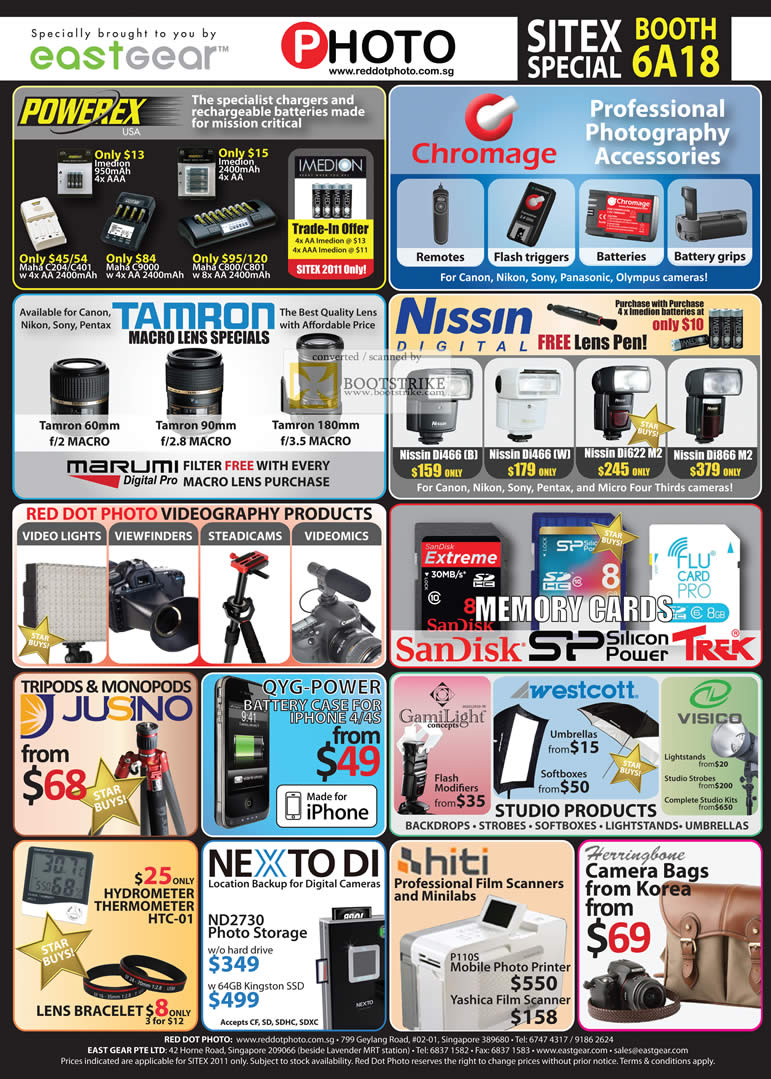 SITEX 2011 price list image brochure of EastGear Red Dot Photo Powerex Charger, Battery, Chromage, Tamron, Marumi, Nissin Flash, Nexto Di ND2730 Storage, Hihi Film Scanner, Visico, Westcott, GamiLight, Jusino Tripod