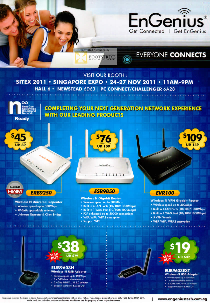 SITEX 2011 price list image brochure of Engenius Networking Wireless ERB9250 Repeater, ESR9850, EVR100, EUB9603H, EUB9603EXT USB Adapter