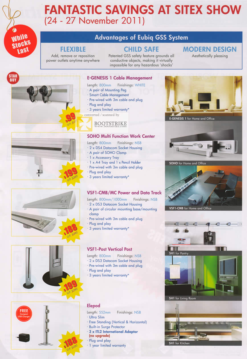 SITEX 2011 price list image brochure of Eubiq GSS System Packages, E-GENESIS 1 Cable Management, SOHO Multi Function Work Center, VSF1-CMB MC Power And Data Track, VSF1-Post Vertical Post, Elepod