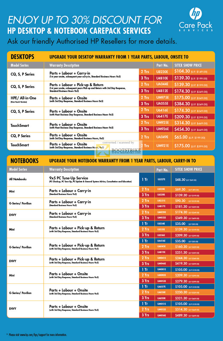 SITEX 2011 price list image brochure of HP Extended Warranty Options Desktop PC, Notebooks, Parts, Labour, Upgrade Options, Care Pack Services