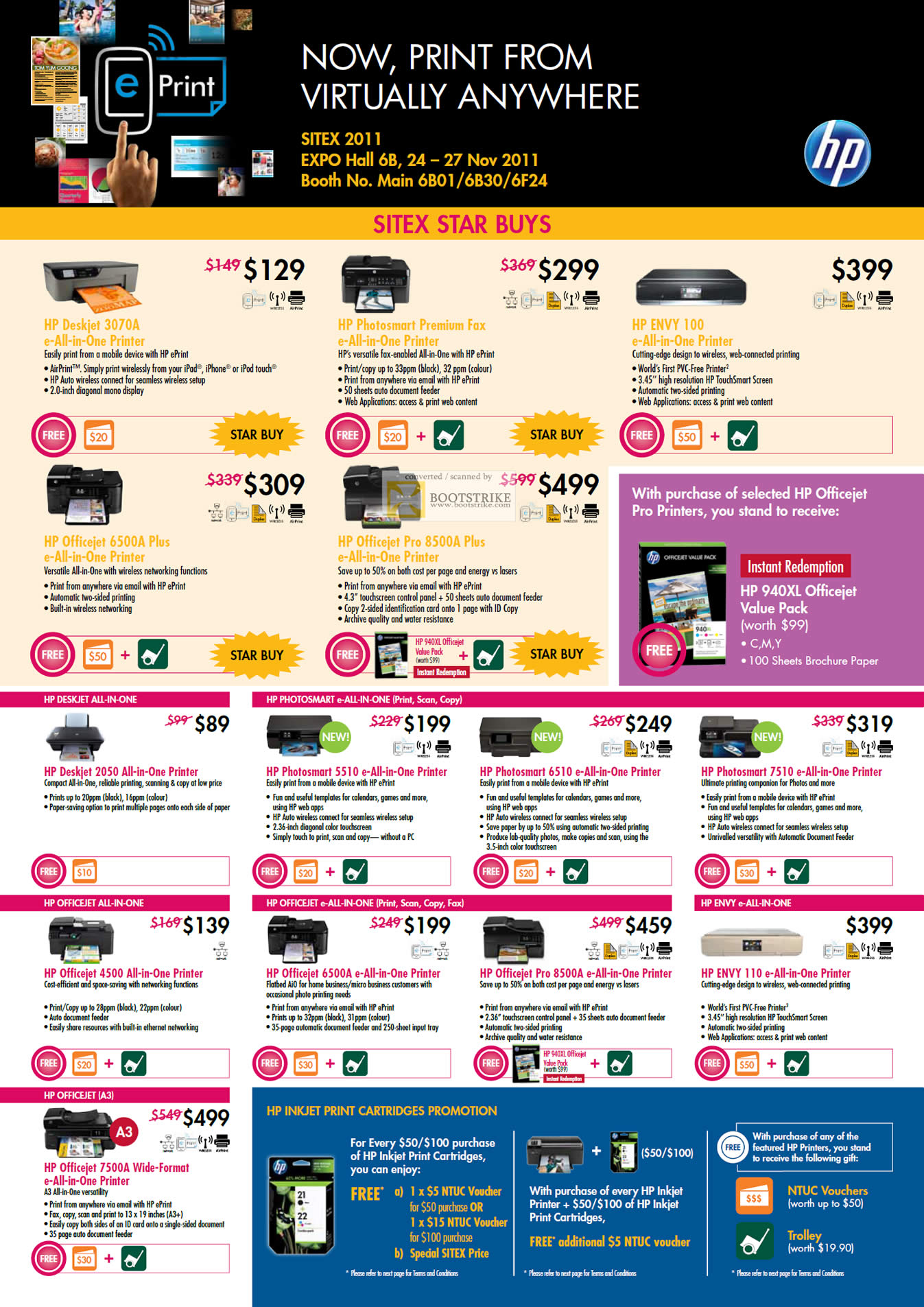 SITEX 2011 price list image brochure of HP Printers Inkjet Deskjet 3070A, Premium Fax, Envy 100, Officejet 6500A Plus, 8500A, 2050, Photosmart 5510, 6510, 7510, 4500, 6500A, Pro 8500A, Envy 110, 7500A