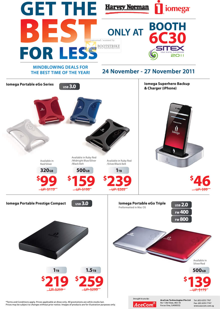 SITEX 2011 price list image brochure of Harvey Norman Iomega External Storage Portable EGo, Superhero Backup Charger IPhone, Prestige Compact, EGo Triple, FW400 FW800