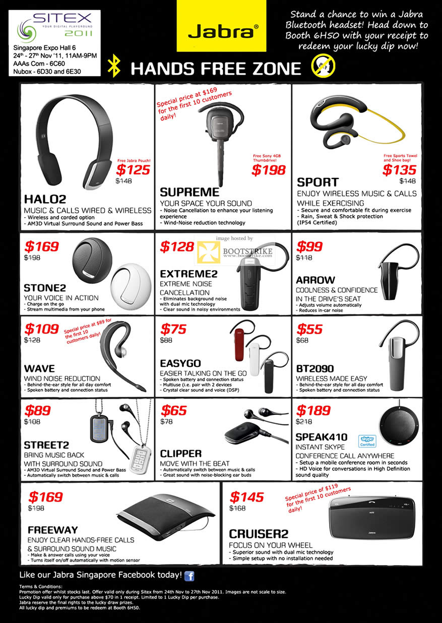 SITEX 2011 price list image brochure of Jabra Handsfree Bluetooth Headset, Halo2, Supreme, Sport, Extreme2, Arrow, Stone2, Wave, Easygo, BT2090, Street2, Clipper, Speak410, Freeway, Cruiser2