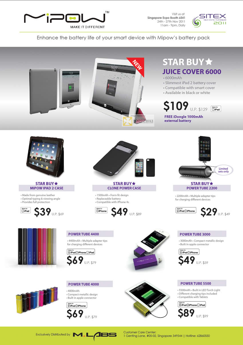 SITEX 2011 price list image brochure of KJC Mipow Battery Pack Juice Cover 6000 IPad 2, Case, Power Tube 2200, 4400, 3000, 4000, 5500