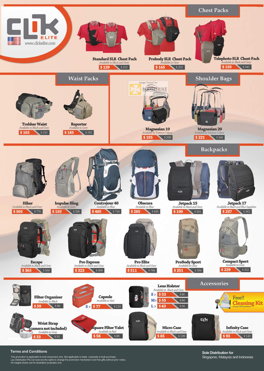 SITEX 2011 price list image brochure of Lau Intl Velbon Clik Elite Chest Packs, Probody, Telephoto, Waist Packs Trekker, Reporter, Magnesian, Backpacks, Jetpack, Contrejour 40, Pro, Accessories, Case, Lens Holster