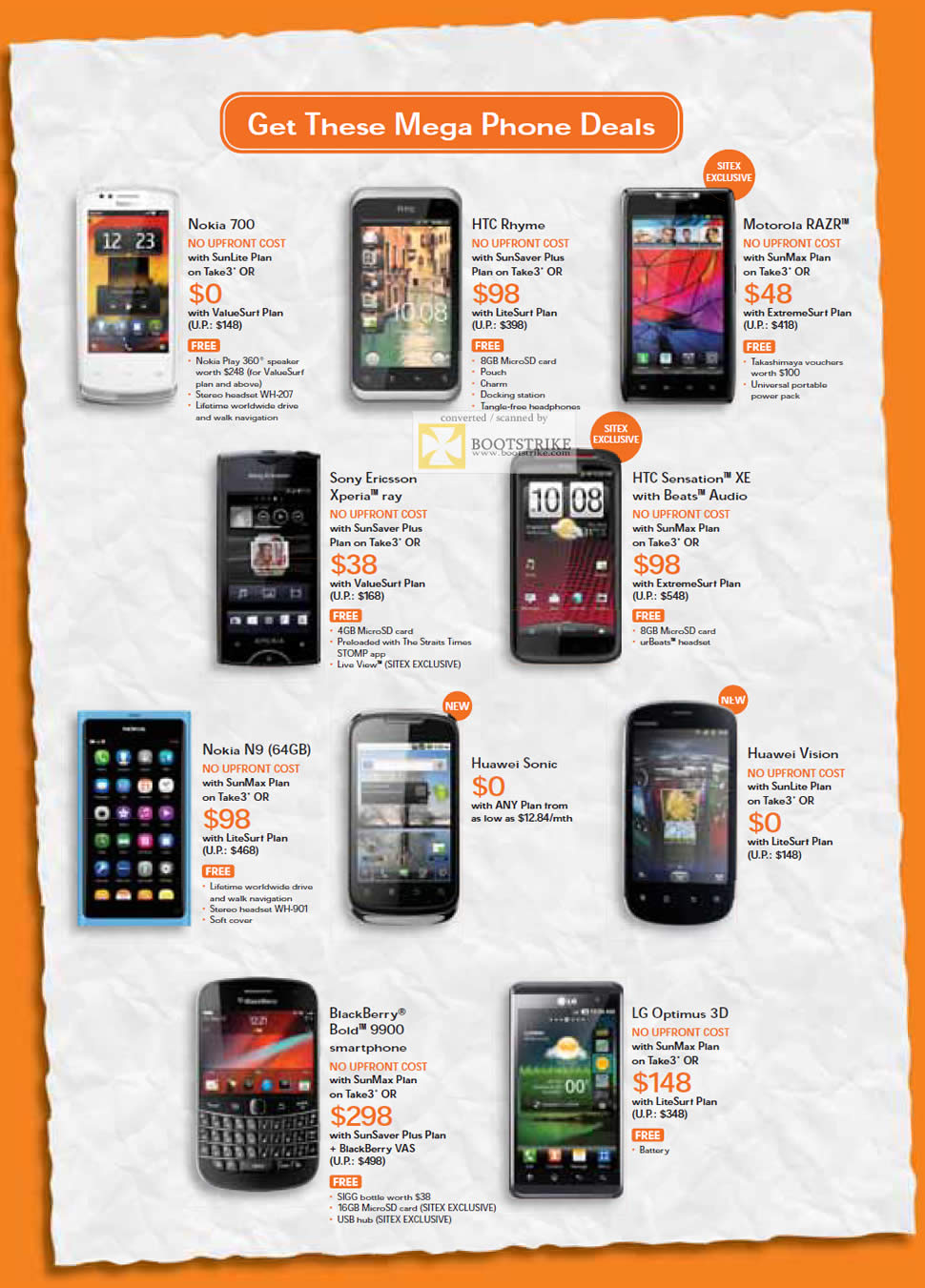 SITEX 2011 price list image brochure of M1 Nokia 700, HTC Rhyme, Motorola Razr, Sony Ericsson Xperia Ray, HTC Sensation XE, Nokia N9, Huawei Sonic, Vision, Blackberry Bold 9900, LG Optimus 3D