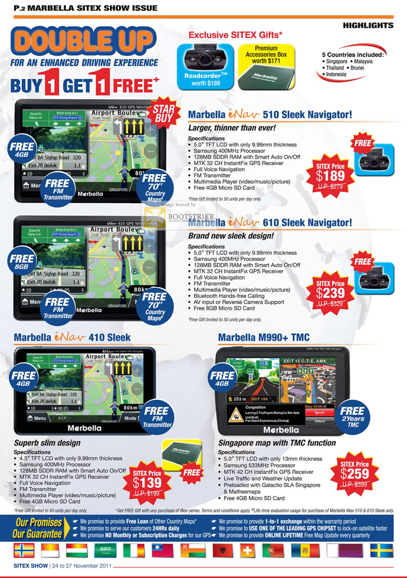 SITEX 2011 price list image brochure of Marbella GPS INav 510, INav 610, INav 410 Sleek, M990 Plus TMC