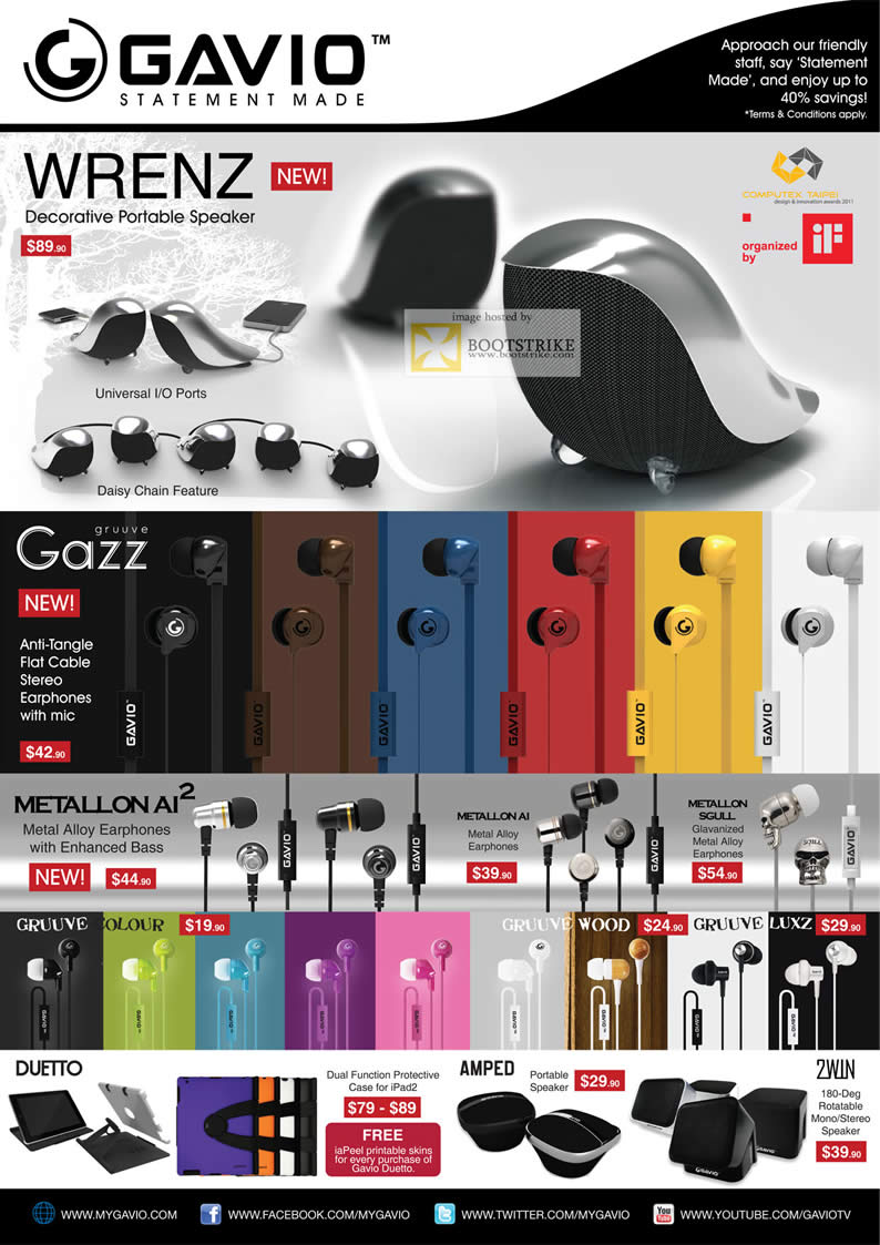 SITEX 2011 price list image brochure of Mccoy Gavio Wrenz Portable Speaker, Gruuve Gazz Earphones, Metallon AI Metal Alloy Earphones, Sgull, Colour, Wod, Luxz, Duetto, Amped Portable Speakers, 2Win