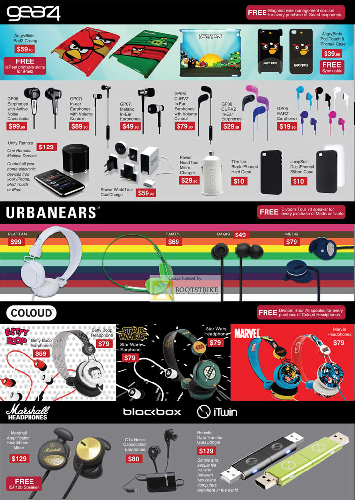 SITEX 2011 price list image brochure of Mccoy Gear4 Angry Birds Casing, Earphones GP08, GP07i, GP07, GP06i, GP06 Earz, GP05 Earz, Power WorldTour, UrbanEars Plattan