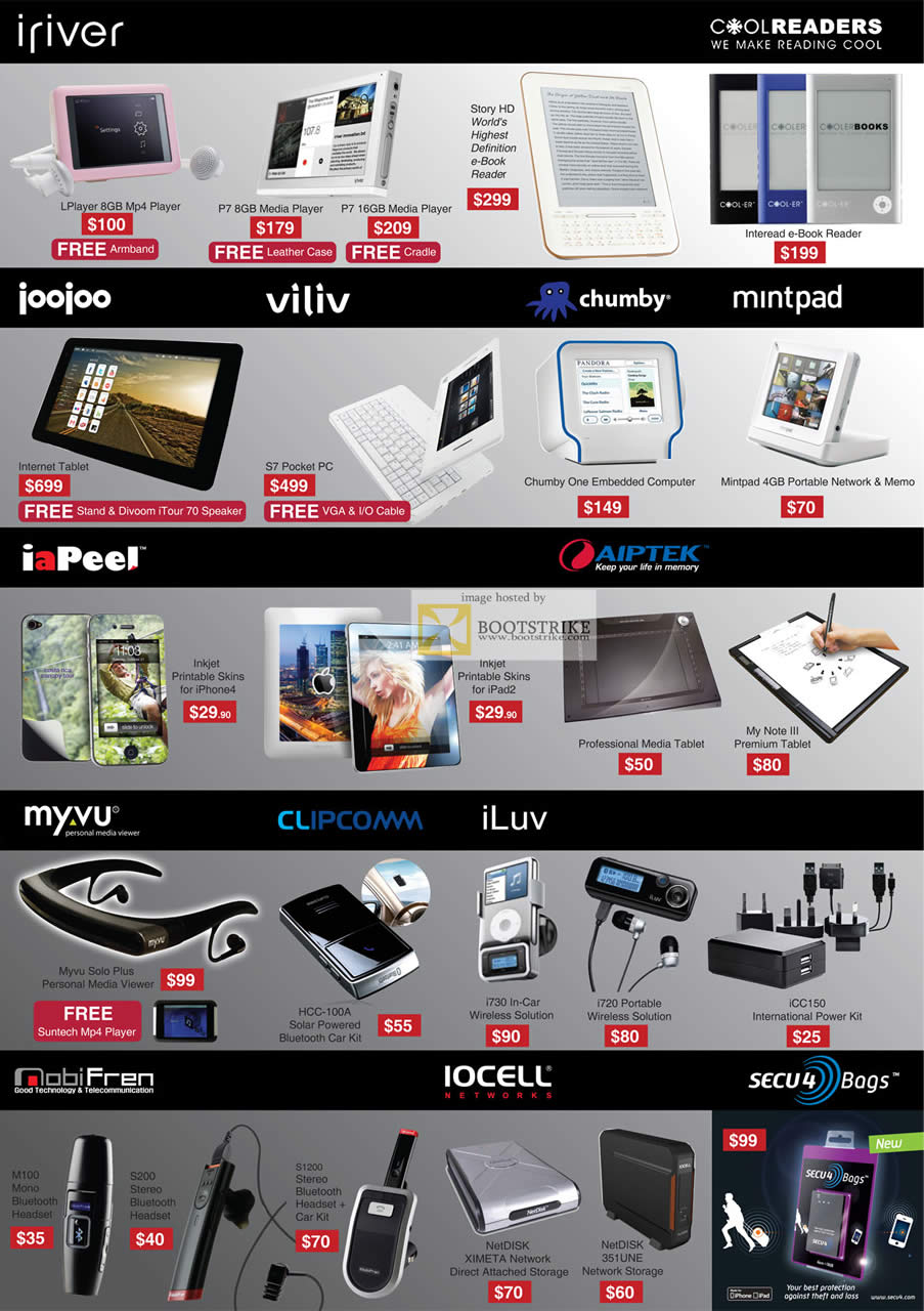 SITEX 2011 price list image brochure of Mccoy IRiver LPlayer MP4 Player, P7 Media Player, Story HD, Joojoo Internet Tablet, Viliv S7 Pocket PC, Chumby One, Mintpad, IaPeel Skin, Aiptek My Note III Tablet