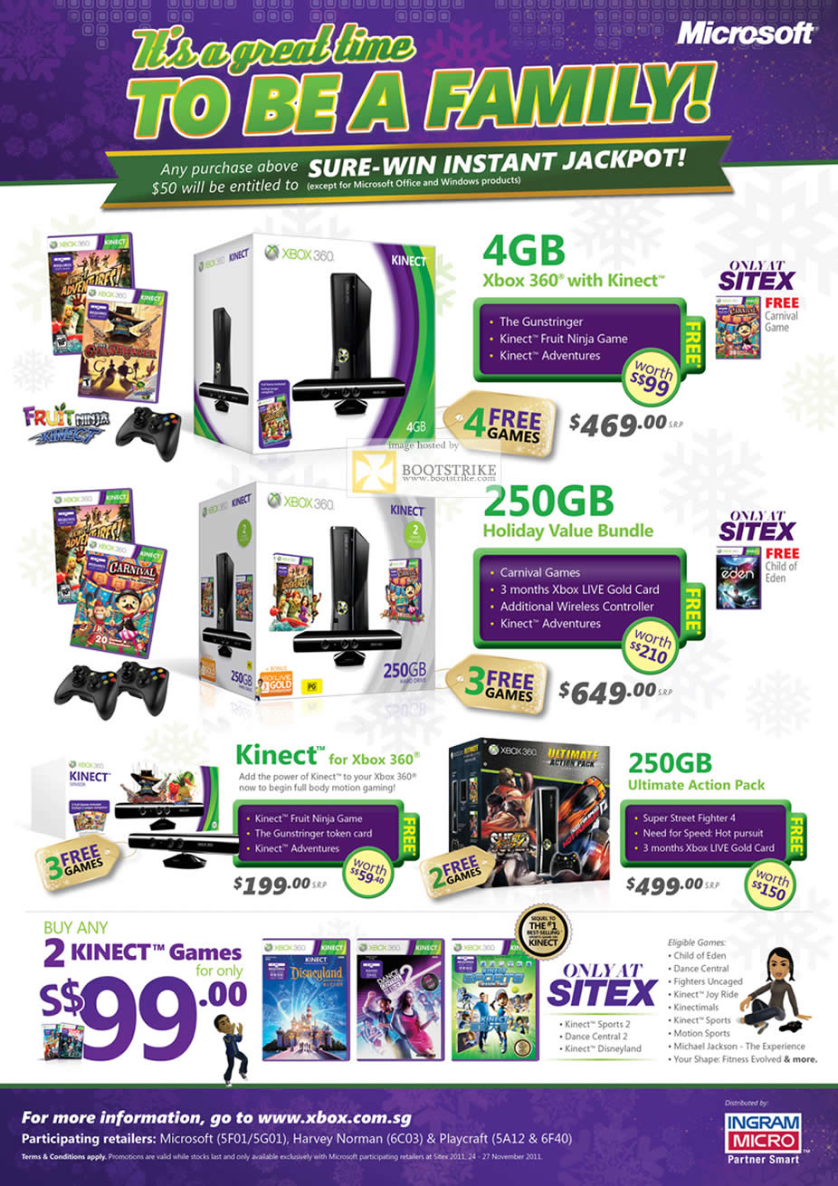 SITEX 2011 price list image brochure of Microsoft Xbox 360 With Kinect, Holiday Value Bundle 250GB, Ultimate Action Pack, Games