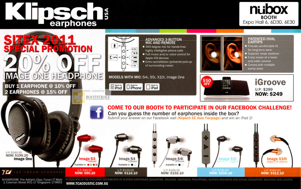 SITEX 2011 price list image brochure of Newstead Nubox Klipsch Headphones Image S3, S4, S4i, S5i, X10i, IGroove