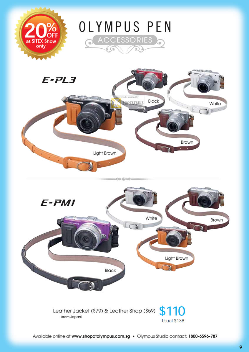 SITEX 2011 price list image brochure of Olympus Digital Cameras Pen Accessories E-PL3, E-PM1 Leather Jacket, Leather Strap Japan