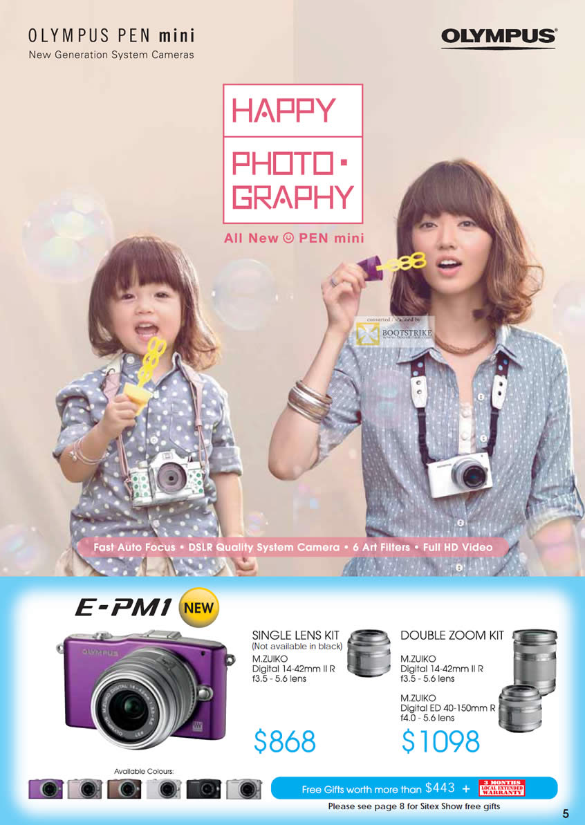 SITEX 2011 price list image brochure of Olympus Digital Cameras Pen E-PM1, Single Lens Kit, Double Zoom Kit