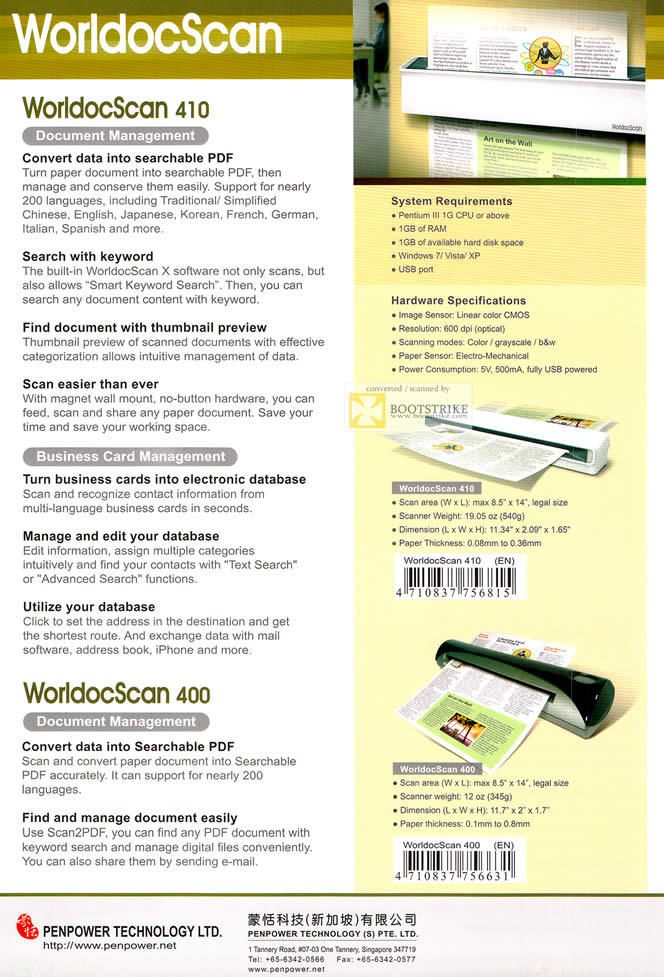 SITEX 2011 price list image brochure of Penpower WorldocScan Features, Document Management, PDF, Scanner, Business Card, Namecard, WorldocScan 400