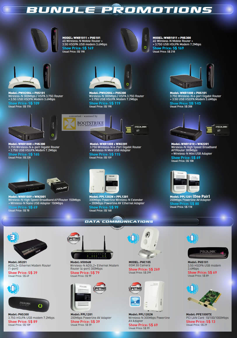 SITEX 2011 price list image brochure of Prolink Networking Bundle Promotions Wireless Router, HSDPA Modem, Powerline, Extender, ADSL2 Modem Router, 3G Camera, PCI LAN Card, USB Modem