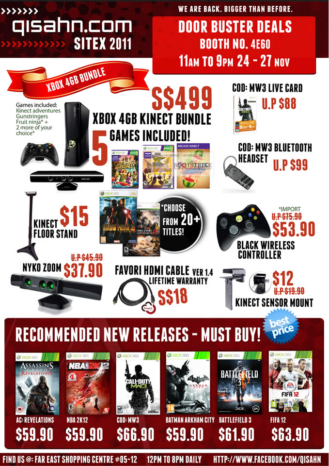 SITEX 2011 price list image brochure of Qisahn Microsoft Xbox 360 4GB Kinect Bundle, MW3 Bluetooth Headset, Floor Stan, Nyko Zoom, Favori HDMI Cable, Wireless Controller, Sensor Mount, Games, Call Of Duty, Fifa 12, Battlefield 3