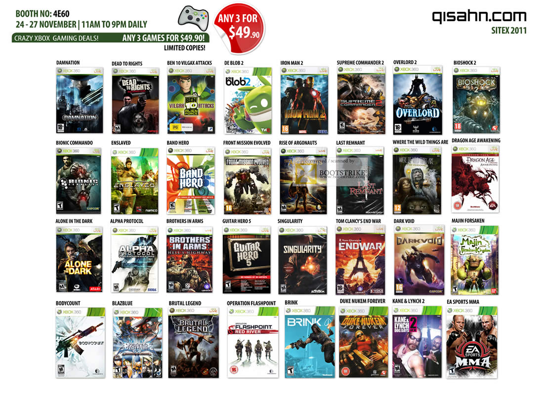 SITEX 2011 price list image brochure of Qisahn Microsoft Xbox 360 Games Iron Man 2, Bioshock 2, Brothers In Arms, Brink, Duke Nukem Forever, Alone In The Dark, Overlord