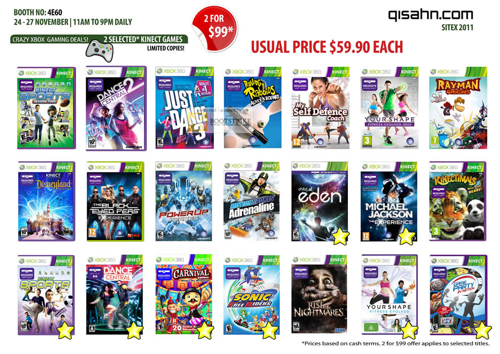 SITEX 2011 price list image brochure of Qisahn Microsoft Xbox 360 Kinect Games, Dance Central 2, Rayman, Powerup Heroes, Michael Jackson, Sonic, Sports