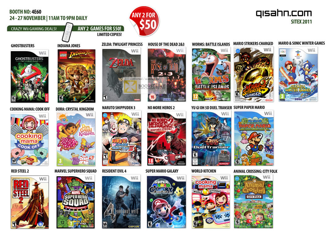 SITEX 2011 price list image brochure of Qisahn Nintendo Wii Games Ghostbusters, Zelda, Mario, Sonic, Dora, Resident Evil 4, World Kitchen