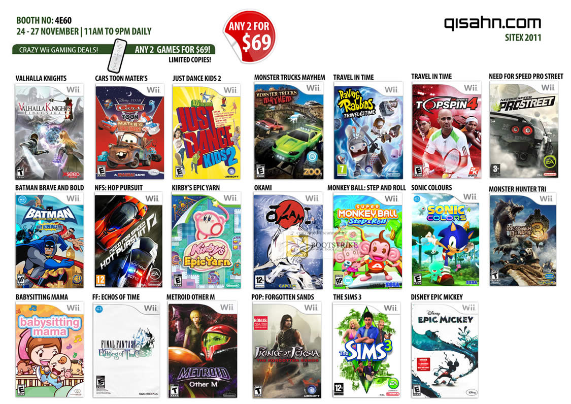 SITEX 2011 price list image brochure of Qisahn Nintendo Wii Games, The Sims 3, Disney Epic Mickey, Okami, Travel In Time, Need For Speed, Batman