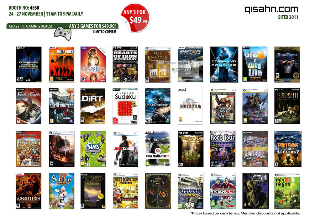 SITEX 2011 price list image brochure of Qisahn PC Games Dirt, Age Of Empire, Command And Conquer, Sims 3, Civilization IX, Silent Hunters, Final Fantasy XIV, Need For Speed Shift 2, Starcraft