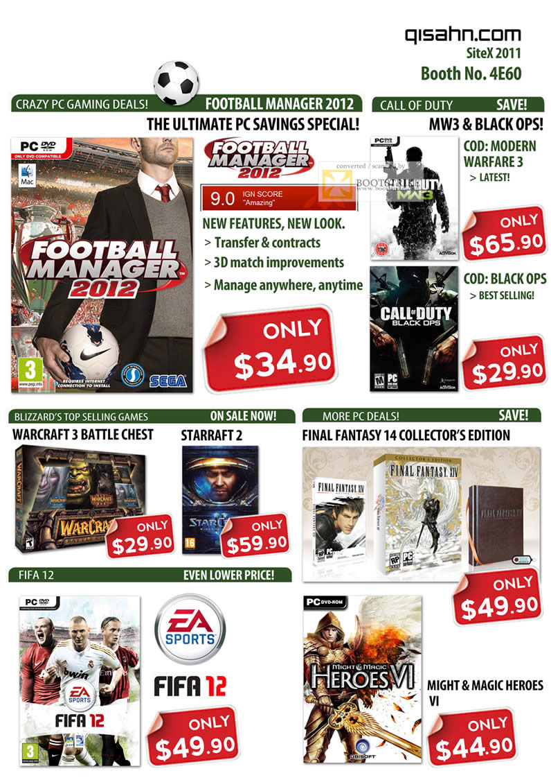 SITEX 2011 price list image brochure of Qisahn PC Games, Football Manager 2012, Call Of Duty Modern Warfare 3, Black Ops, Warcraft 3 Battle Chest, Starcraft 2, Fifa 12, Final Fantasy XIV 14