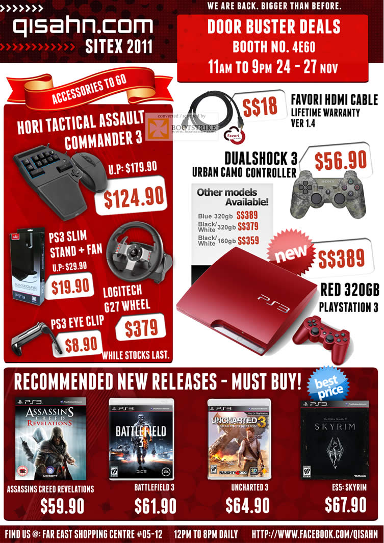 SITEX 2011 price list image brochure of Qisahn Sony Playstation 3 PS3 Accessories, Dualshock 3 Urban Camo Controller, Hori Tactical Assault Commander 3, Logitech G27 Wheel, PS3 Console, Games Battlefield 3, Uncharted 3