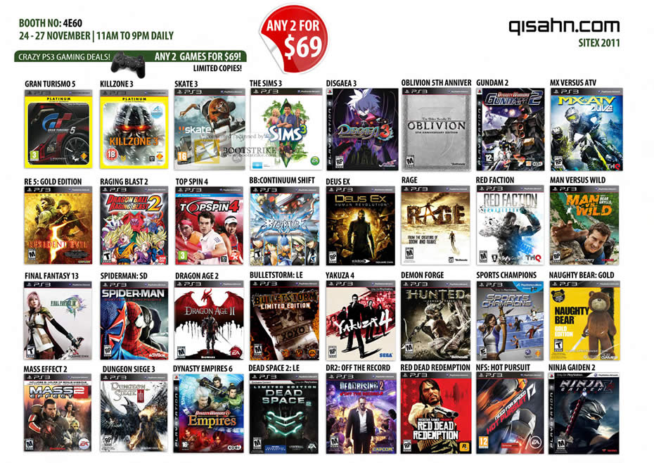 SITEX 2011 price list image brochure of Qisahn Sony Playstation 3 PS3 Games The Sims 3, Deux Ex, Rage, Ninja Gaiden 2, Mass Effect 2, Final Fantasy 13, Gran Turismo 5, Killzone 3, Need For Speed Hot Pursuit