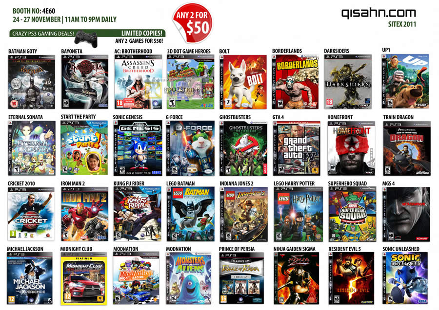 SITEX 2011 price list image brochure of Qisahn Sony Playstation 3 PS3 Games, Batman, Cricket, Michael Jackson, Resident Evil 5, Metal Gear Solid, Train Dragon, Grand Theft Auto