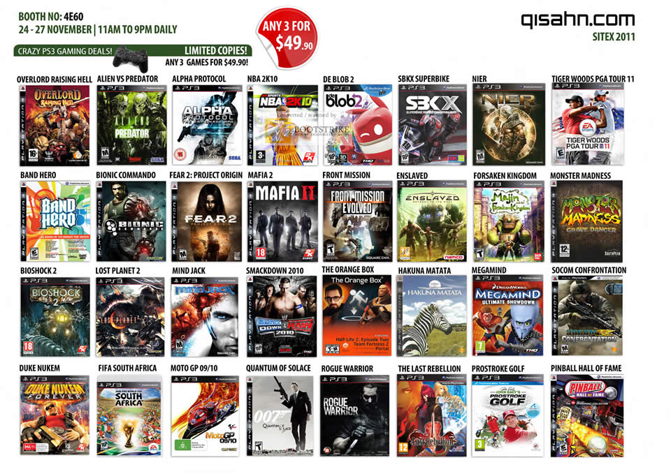 SITEX 2011 price list image brochure of Qisahn Sony Playstation 3 PS3 Games, Overlord Raising Hell, Alien Vs Predator, Fear 2 Project Origin, Bioshock 2, Duke Nukem Forever