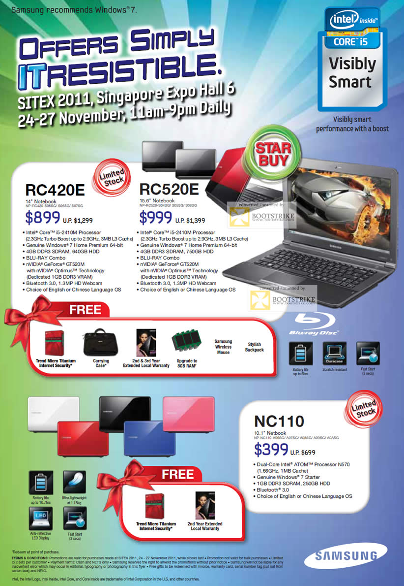 SITEX 2011 price list image brochure of Samsung Notebooks RC430E NP-RC420-S05SG S06SG S07SG, RC520E NP-RC520, Netbook NP-NC110-A06SG A07SG A08SG A09SG A0ASG