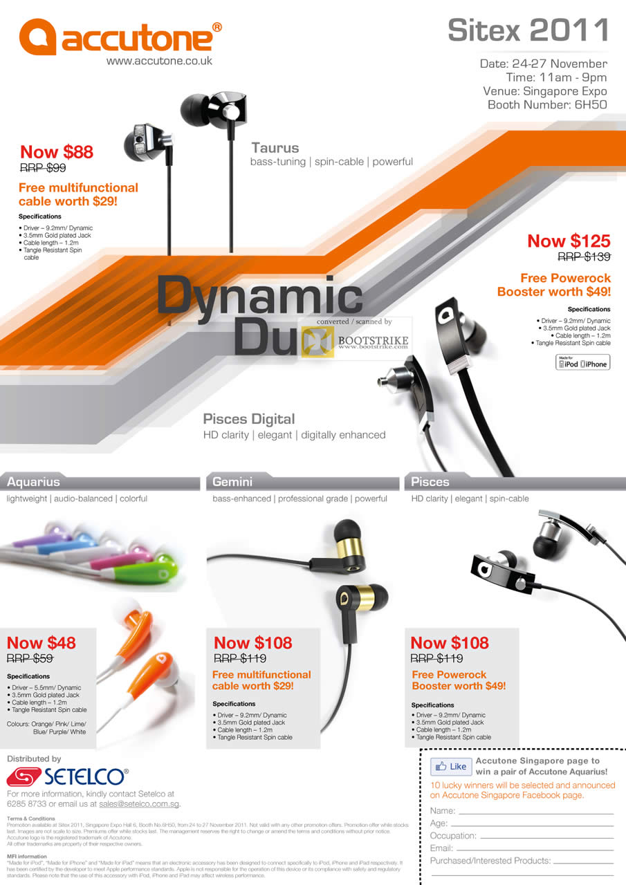 SITEX 2011 price list image brochure of Setelco Accutone Taurus Earphones, Pisces Digital, Aquarius, Gemini, Pisces