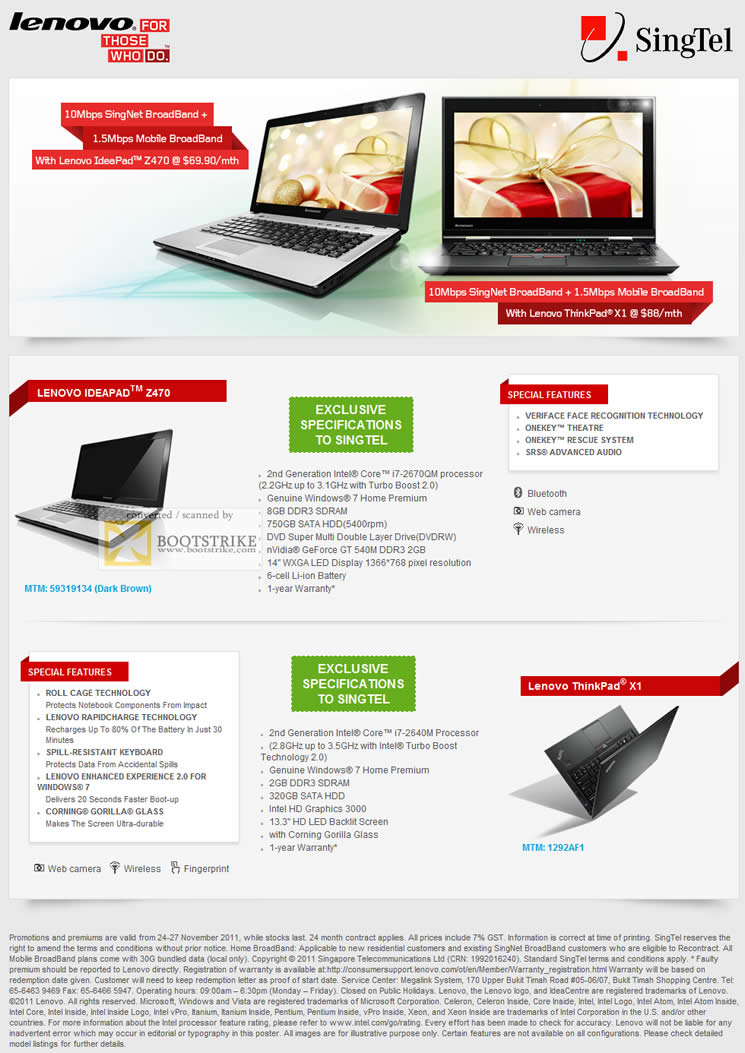 SITEX 2011 price list image brochure of Singtel Broadband Free Lenovo Notebook Ideapad Z470 Specifications, Features, Thinkpad X1