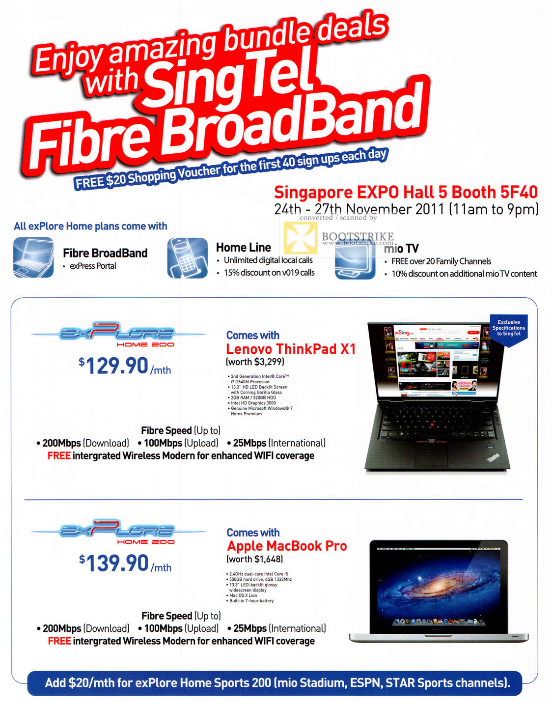 SITEX 2011 price list image brochure of Singtel Fibre Broadband Explore Home 200, Free Lenovo Thinkpad X1, Apple MacBook Pro