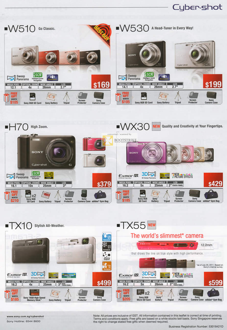 SITEX 2011 price list image brochure of Sony Digital Cameras Cybershot DSC W510, W530, H70, WX30, TX10, TX55