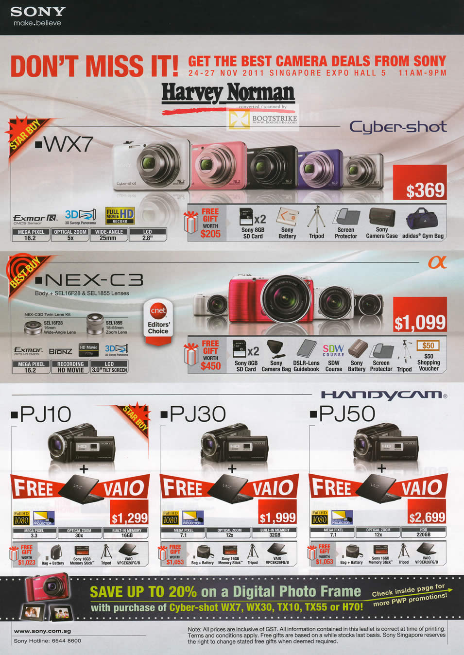 SITEX 2011 price list image brochure of Sony Digital Cameras Cybershot DSC-WX7, NEX-C3, Video Camcorder HDR PJ10, PJ30, PJ50