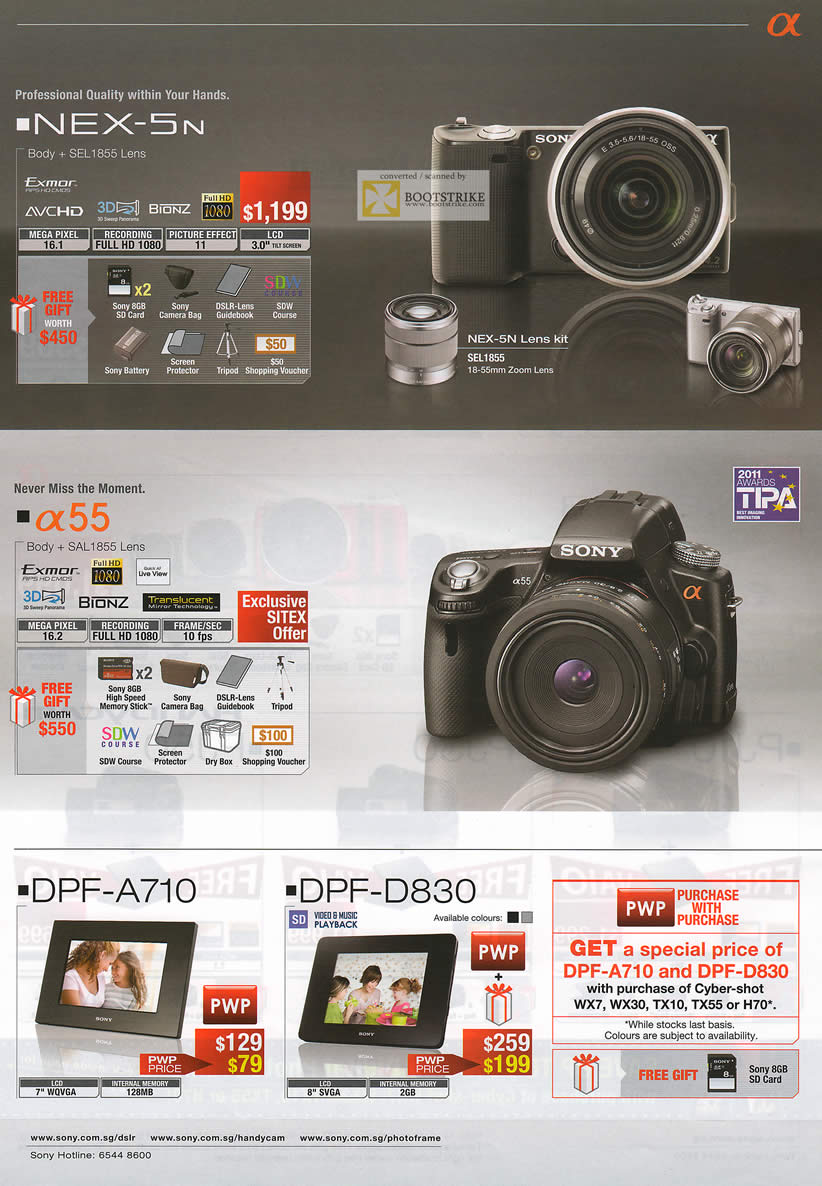 SITEX 2011 price list image brochure of Sony Digital Cameras NEX-5N, A55 DSLR, Digital Photo Frame DPF-A710, DPF-D830