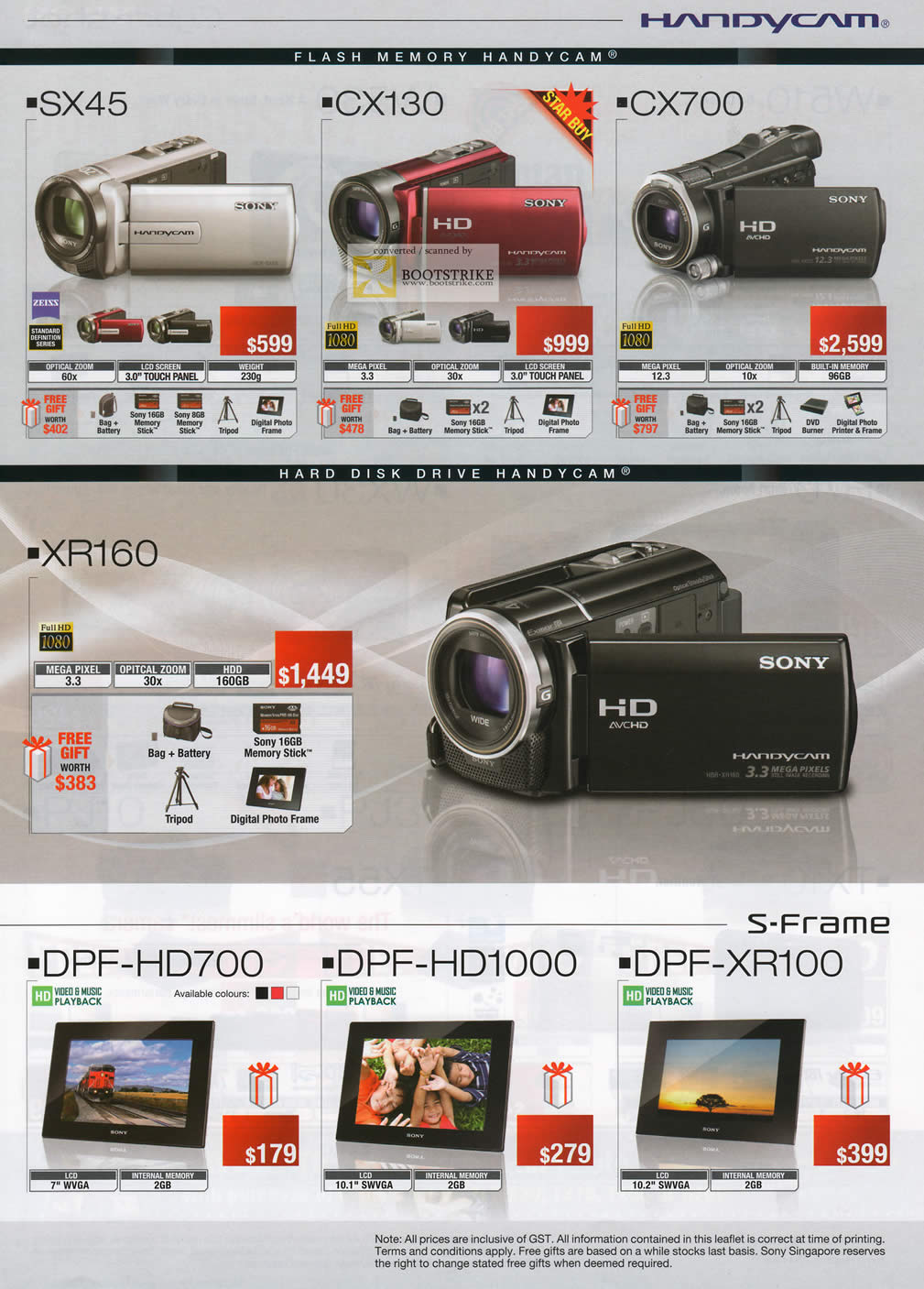 SITEX 2011 price list image brochure of Sony Handycam Video Camcorder DCR SX45, CX130, CX700, XR160, S-Frame Digital Photo Frame DPF-HD700, DPF-HD1000, DPF-XR100