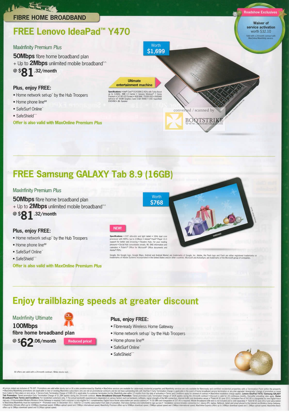 SITEX 2011 price list image brochure of Starhub Home Broadband MaxInfinity Premium Plus Free Lenovo IdeaPad Y470 Notebook, Samsung Galaxy Tab 8.9, MaxInfinity Ultimate