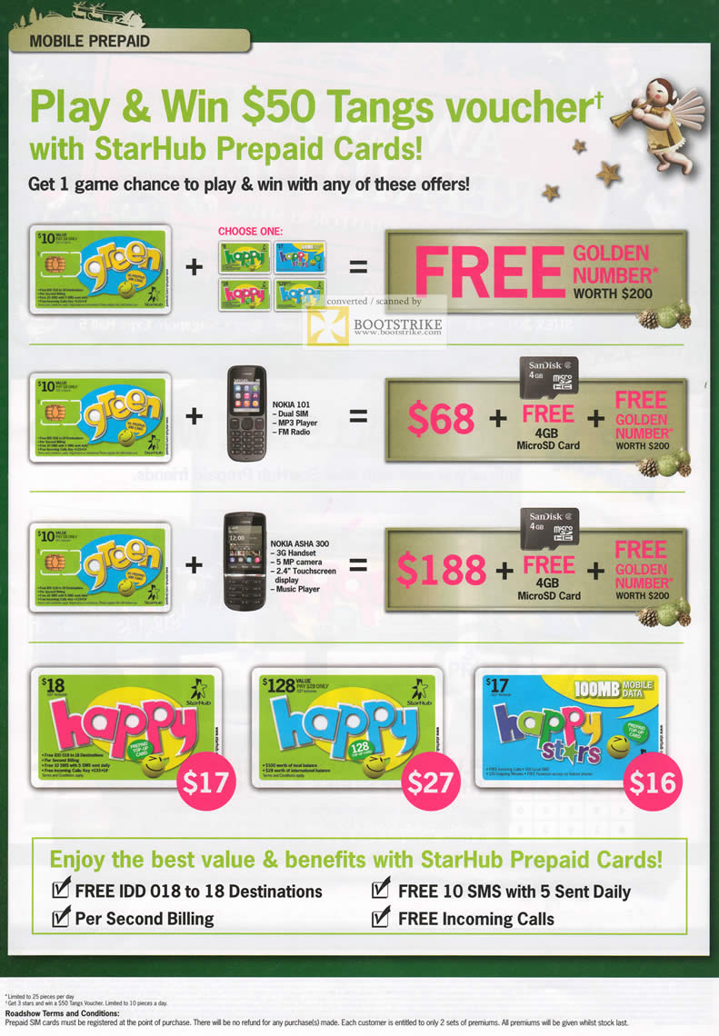 SITEX 2011 price list image brochure of Starhub MaxMobile Prepaid Free Golden Number, Nokia 101, Nokia Asha 300, Happy Stars